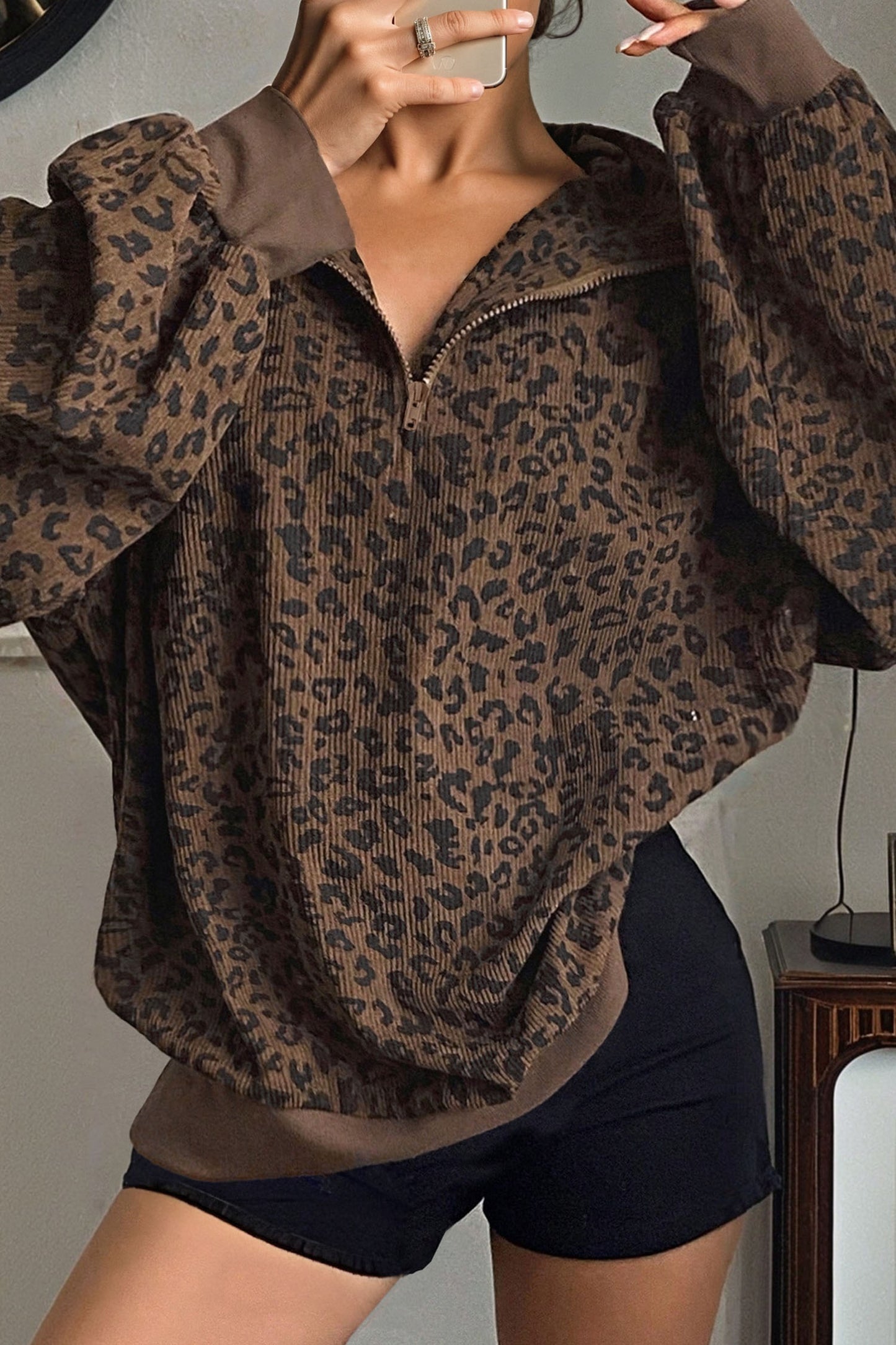Leopard Corduroy Quarter-Zip Sweatshirt