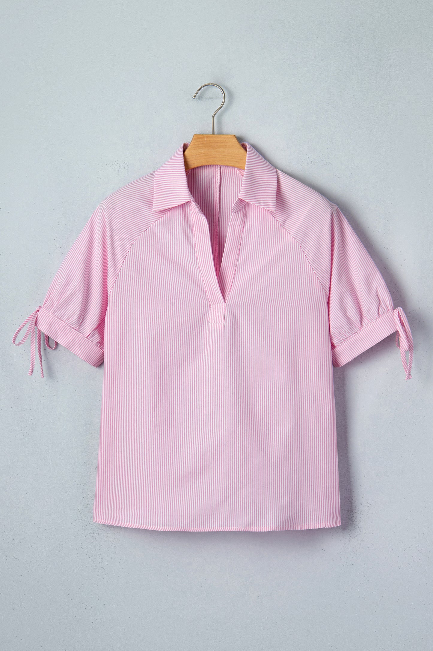 Stripe Tied Short Sleeve Collared Blouse