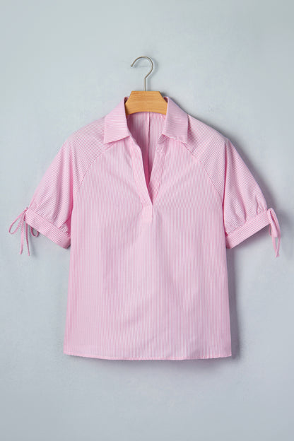 Stripe Tied Short Sleeve Collared Blouse