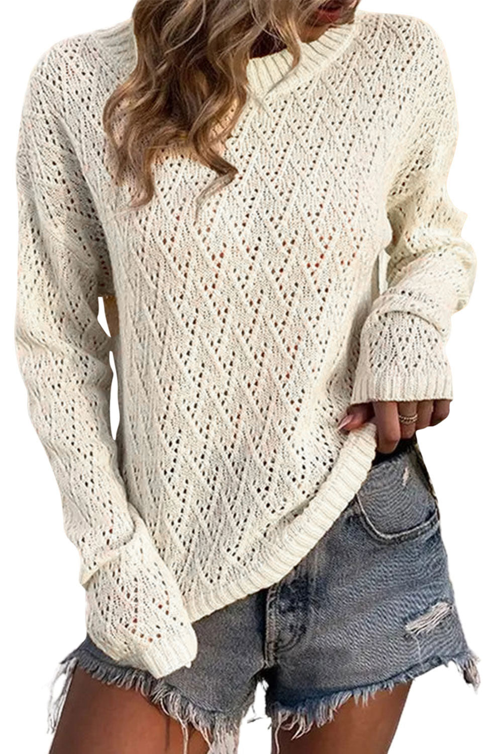 Eyelet Knit Ribbed Trim Sweater