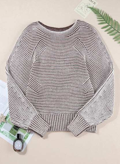 Stripe Ribbed Knit Boat Neck Sweater