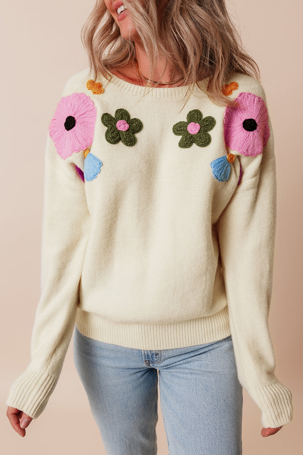 Floral Ribbed Trim Crewneck Sweater