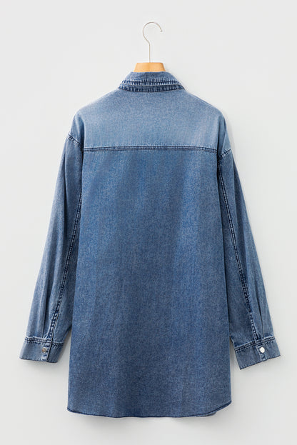 Solid Denim Chest Pocket Raw Hem Shirt Dress