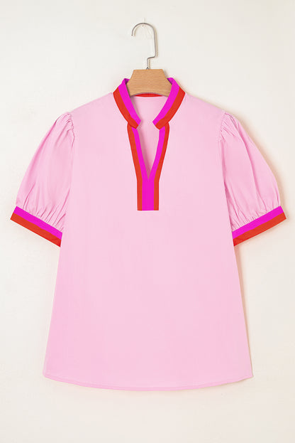 Contrast Stripe V-Neck Short Puff Sleeve Blouse