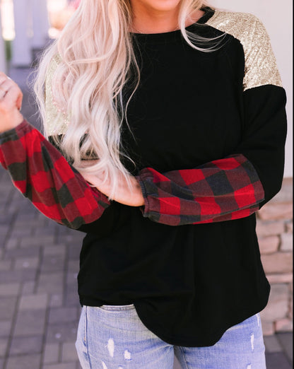 Sequin Plaid Patchwork Crewneck Blouse