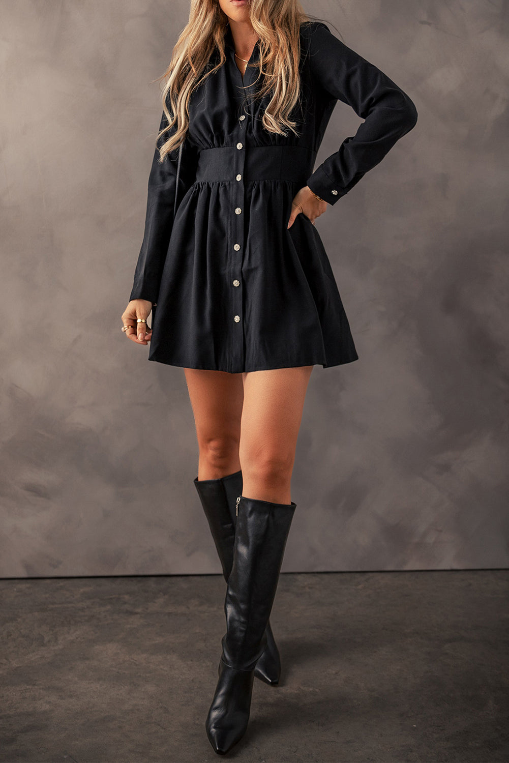 Cinched Waist Buttoned Mini Dress