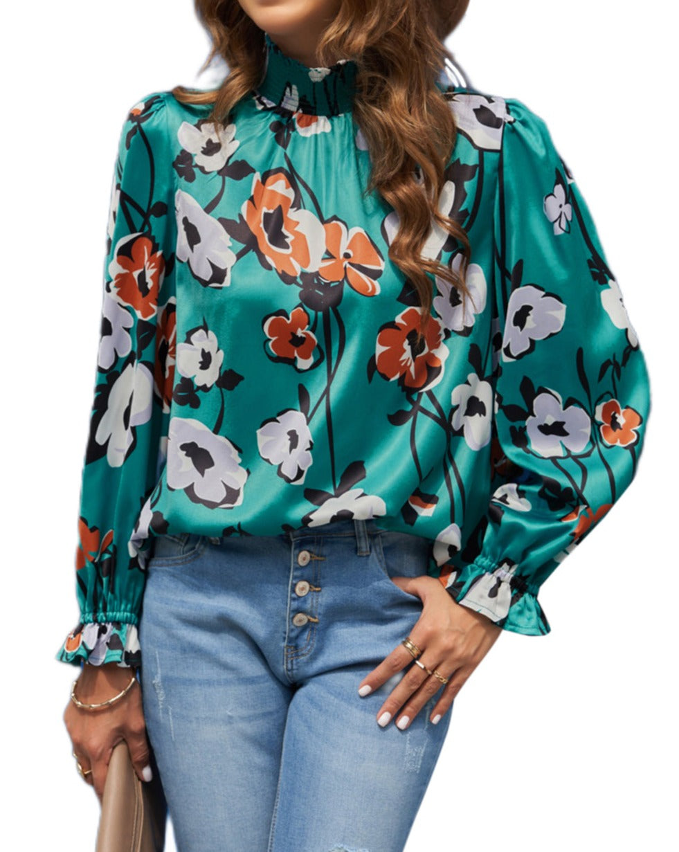 Floral Smocked Mock Neck Blouse