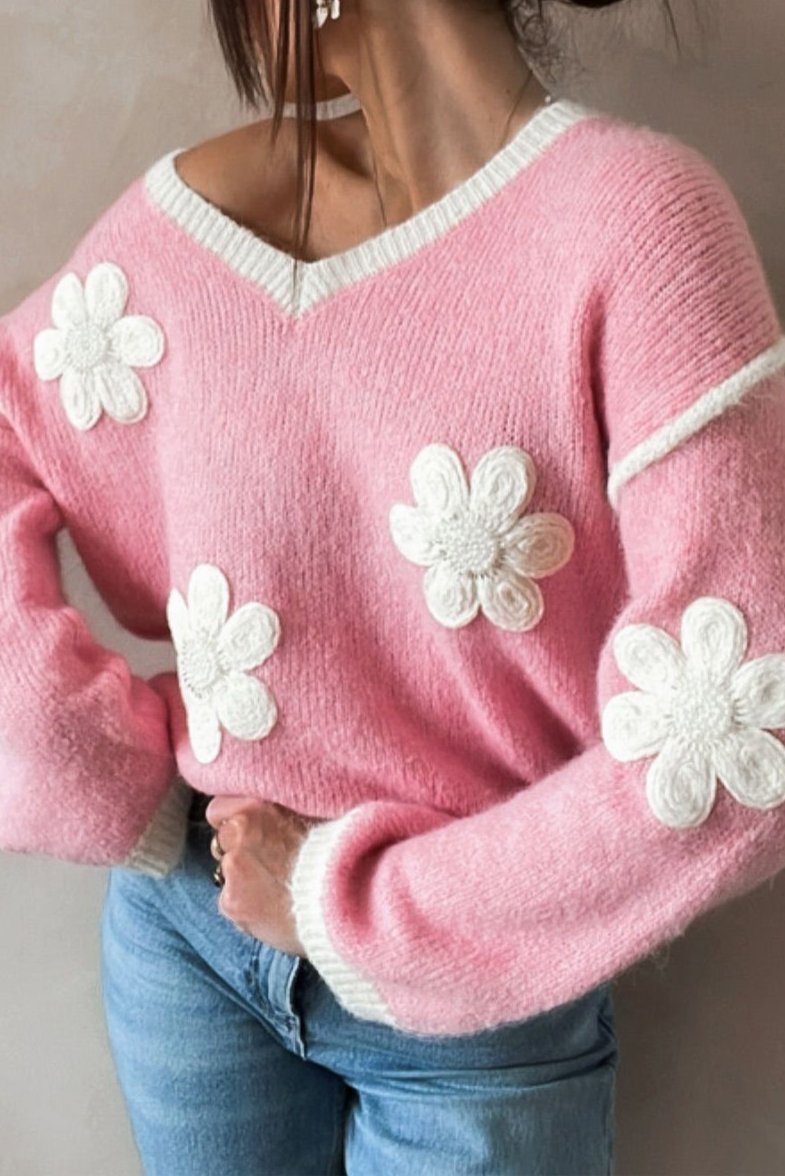 Floral V-Neck Drop Shoulder Sweater