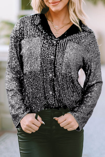 Sequin Colorblock Patch Pocket Shirt