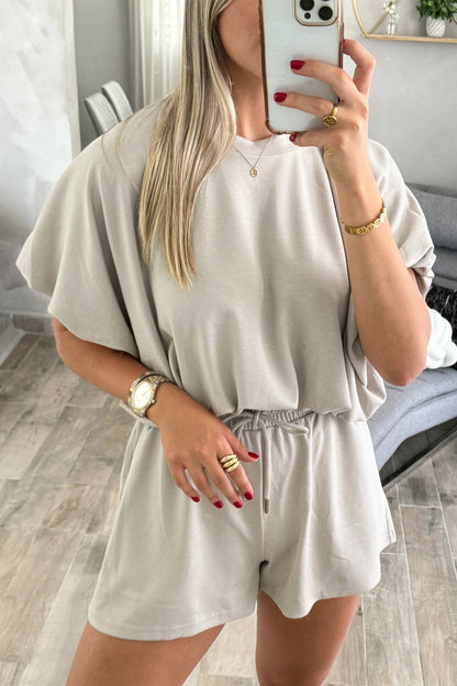 Solid Puff Sleeve Top & Drawstring Shorts Set