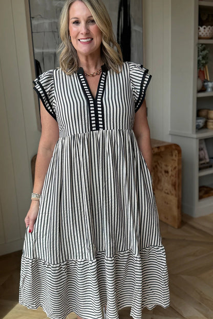 Stripe Ruffle Short Sleeve V-Neck Midi Dress
