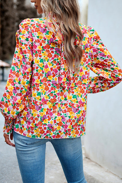 Floral Ruched Puff Sleeve Blouse