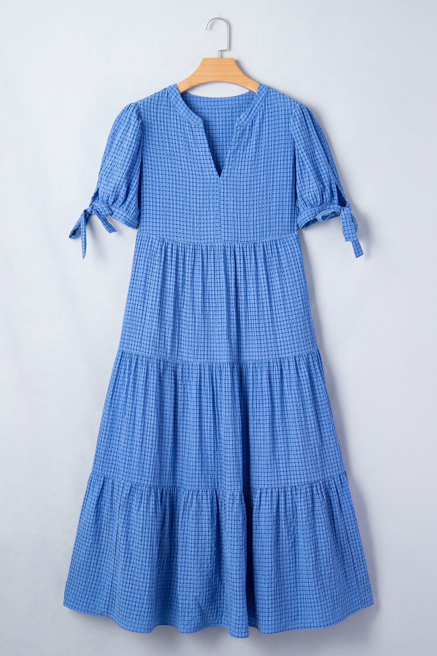 Gingham Bow Tie Short Sleeve Tiered Midi Dress