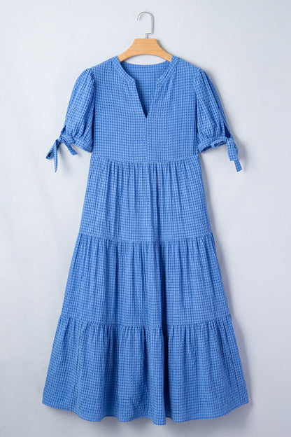 Gingham Bow Tie Short Sleeve Tiered Midi Dress