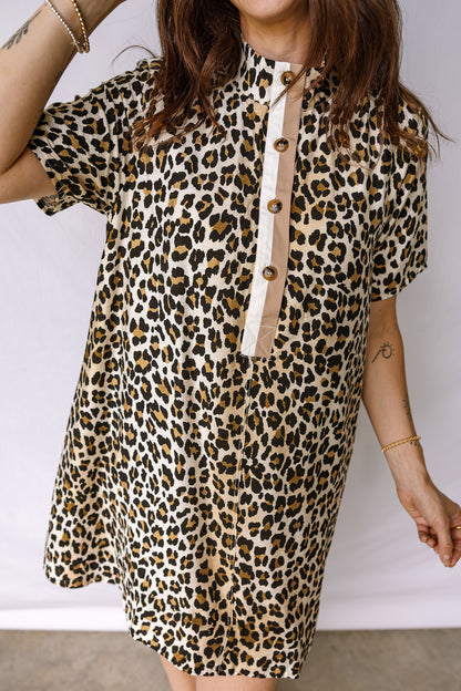 Leopard Half Buttoned Short Sleeve Mini Dress