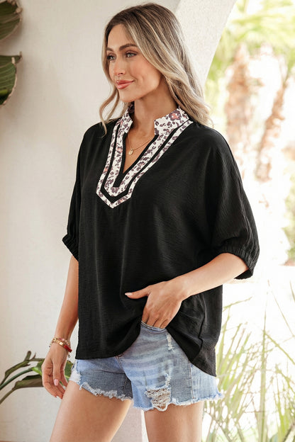 Leopard Patchwork Dolman Sleeve V-Neck Blouse