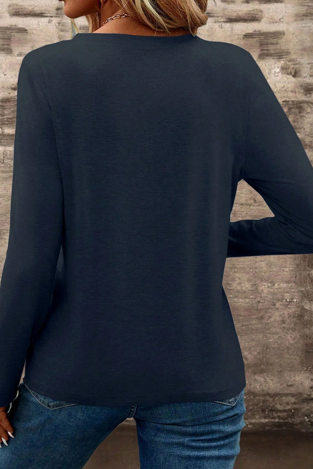 Notched V-Neck Long Sleeve T-Shirt