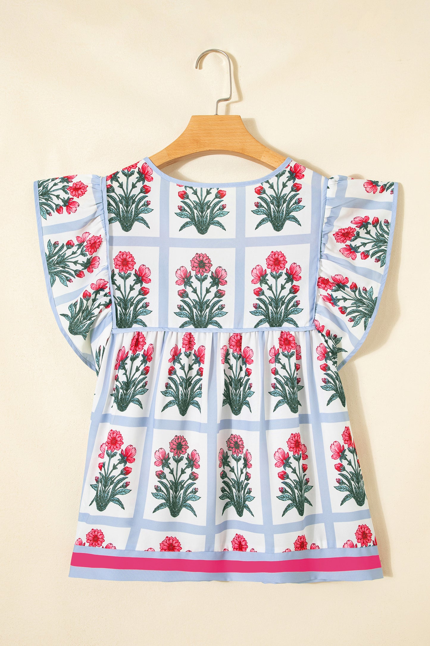 Floral Flutter Sleeve Split V-Neck Top