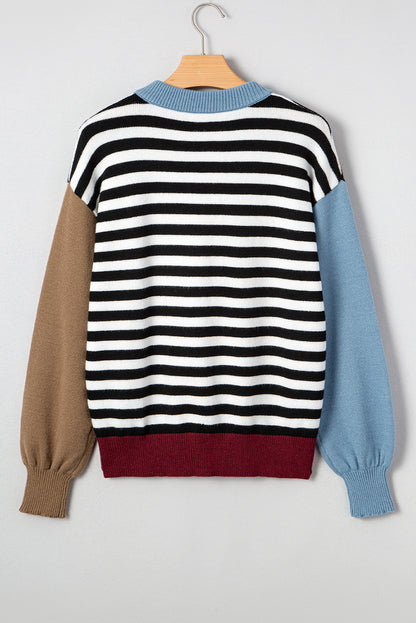 Stripe Colorblock Sleeve Ribbed Trim Sweater