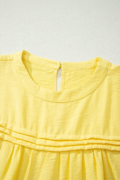 Solid Pleated Tie Sleeve Babydoll Blouse