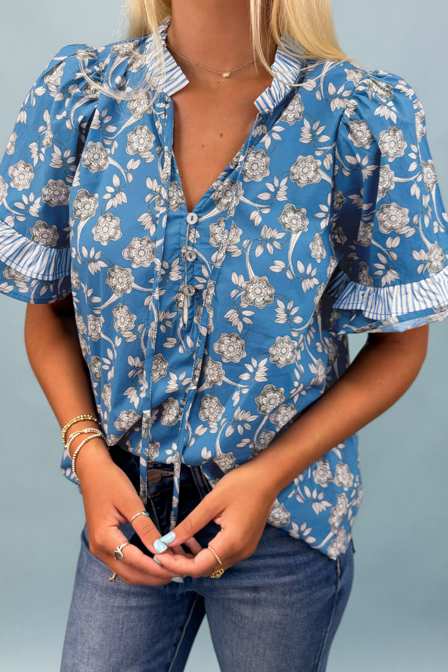 Floral Stripe Trim Tie-Neck Short Sleeve Blouse