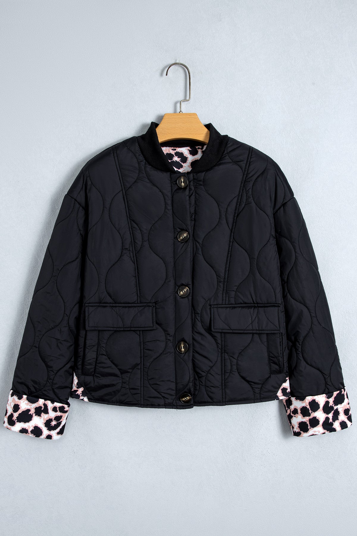 Leopard Cuff Quilted Button Down Puffer Jacket