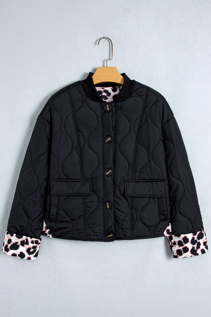 Leopard Cuff Quilted Button Down Puffer Jacket