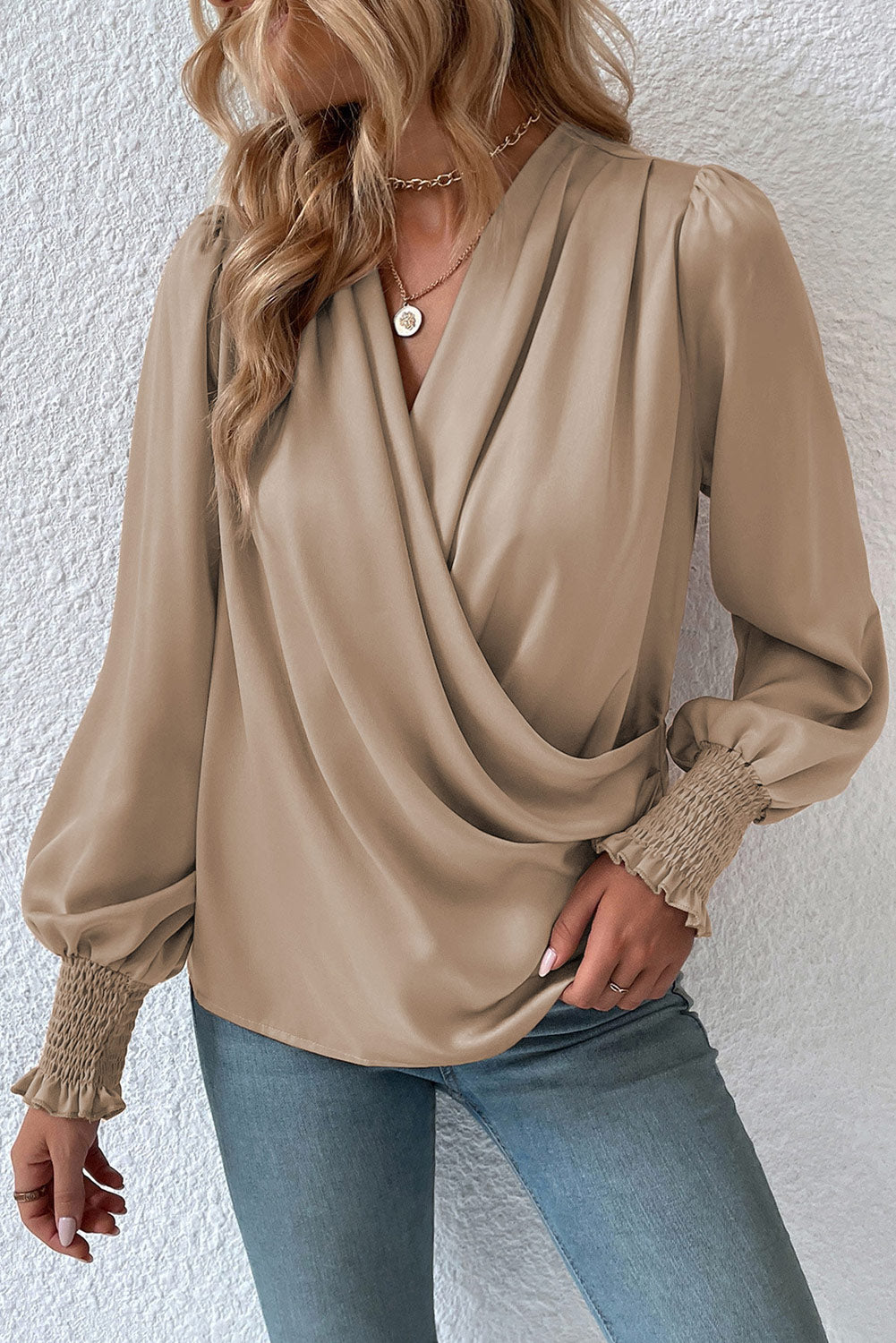 Draped V-Neck Long Sleeve Blouse