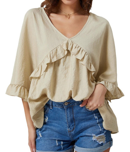 Ruffle Loose Fit V Neck Top