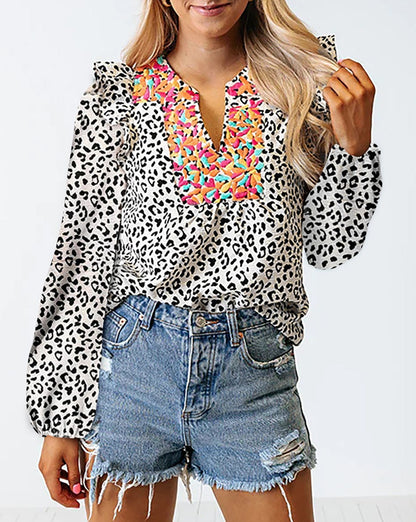 Leopard Floral Ruffle Shoulder Blouse