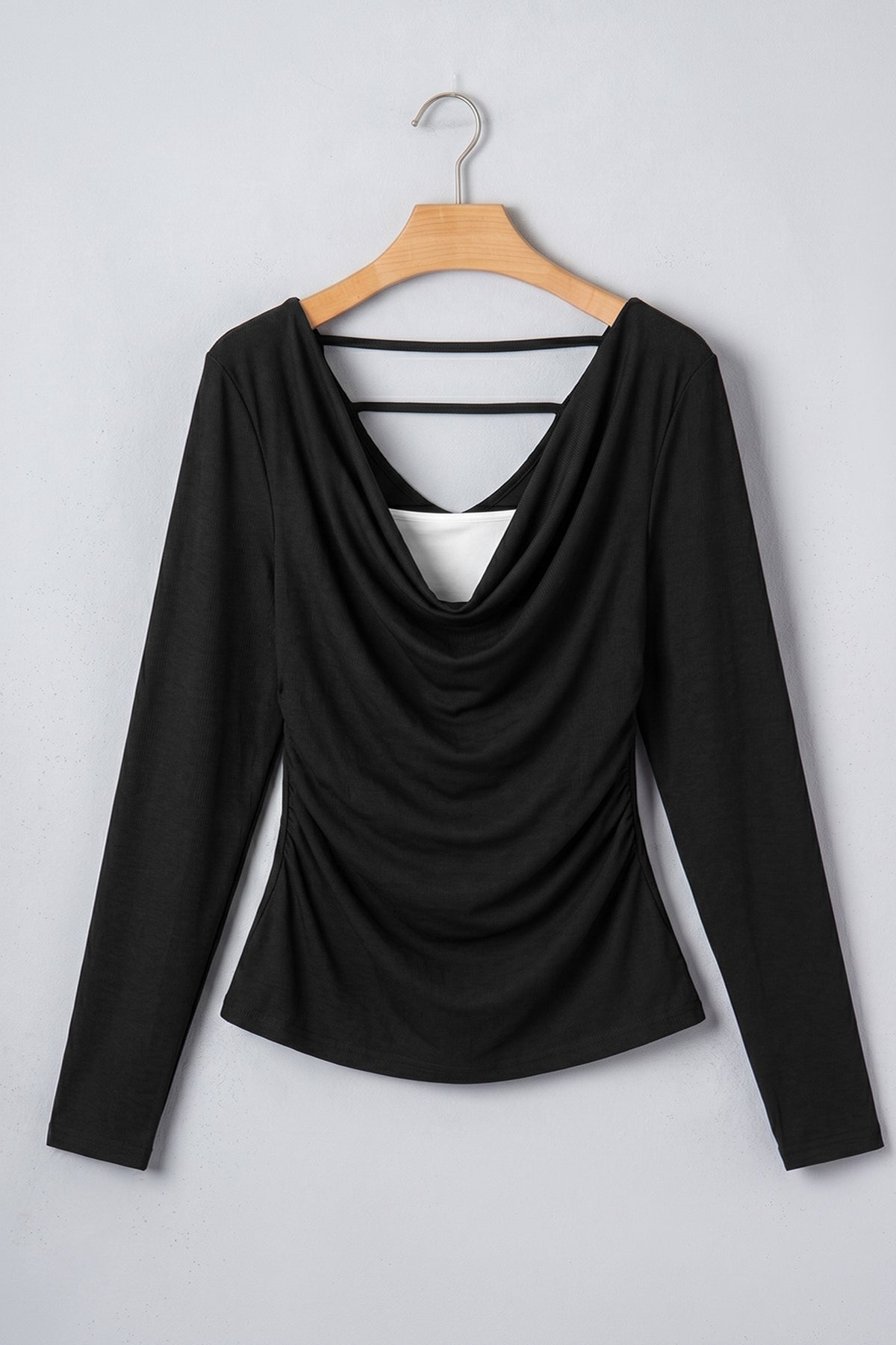 Solid Cowl Neck Ribbed Knit Long Sleeve Top