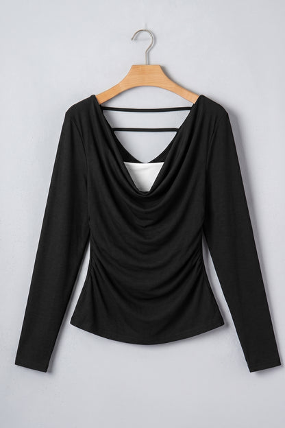Solid Cowl Neck Ribbed Knit Long Sleeve Top
