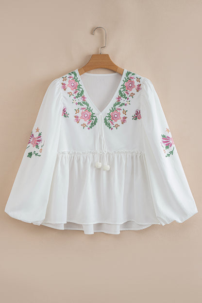 Floral Lace-Up V-Neck Babydoll Blouse