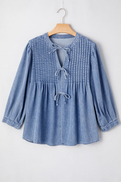 Bow Denim Puff Sleeve Top