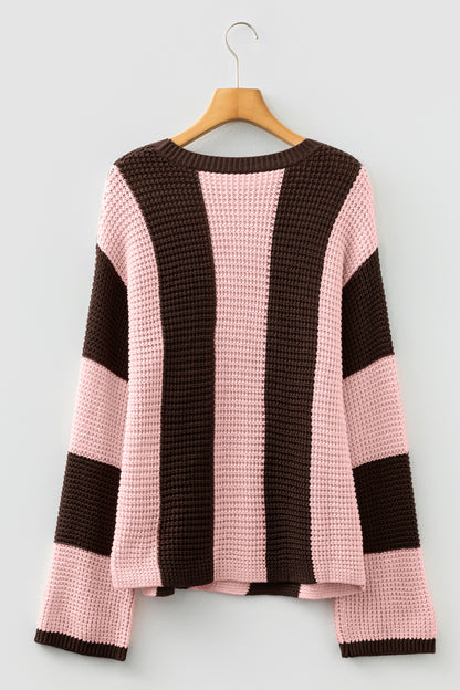 Stripe Colorblock Thermal Textured Knit Drop Shoulder Sweater