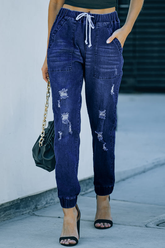 Denim Distressed Drawstring Waist Joggers