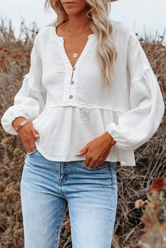 Gauze Long Sleeve Peplum Blouse