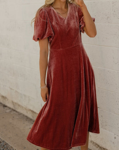 Velvet Puff Sleeve Midi Dress