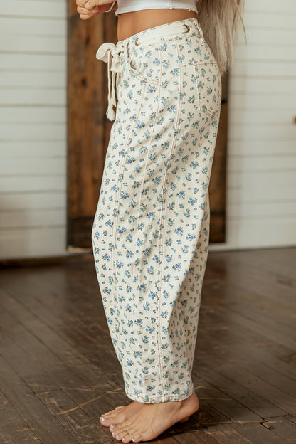 Floral Grommet Knot Waist Barrel Leg Jeans