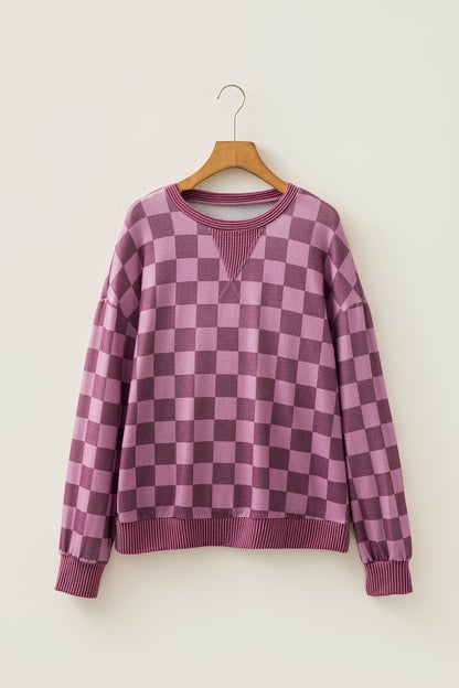 Checker Corded Knit Trim Long Sleeve Top