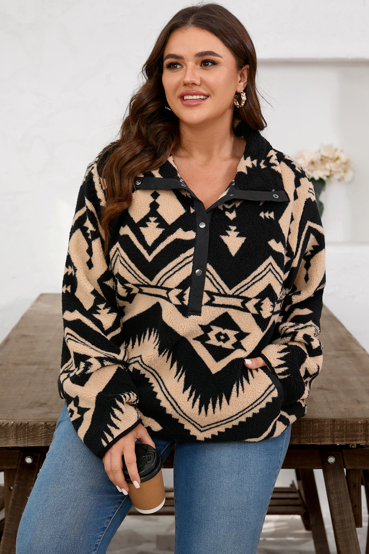 Plus Size Western Aztec Fleece Half Button Sweatshirt