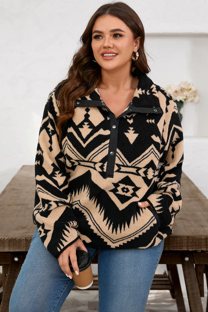 Plus Size Western Aztec Fleece Half Button Sweatshirt