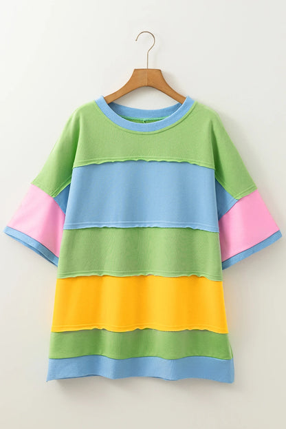 Plus Size Colorblock Raw Edge Short Sleeve T-Shirt