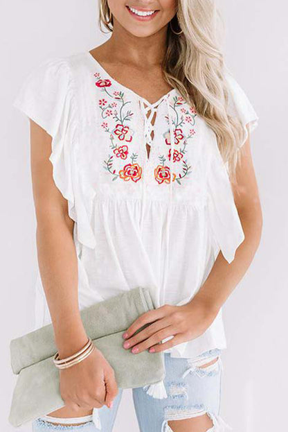 Floral Embroidered Ruffle Lace-Up Top