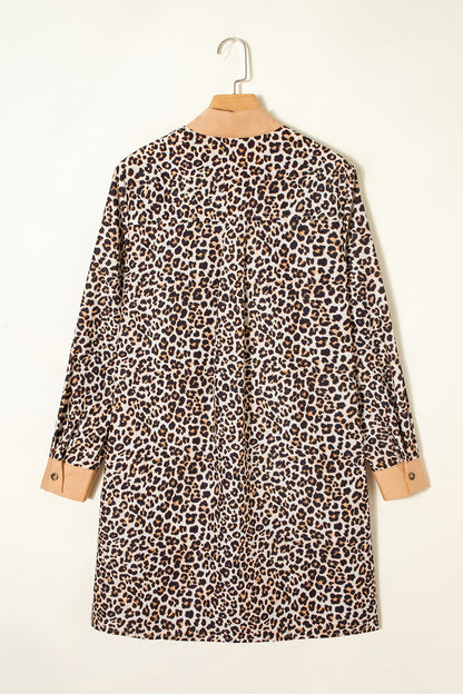 Leopard Stripe Collar Half Buttoned Flared Dress
