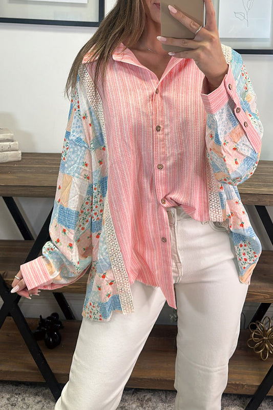 Stripe Floral Patchwork Buttoned Shirt