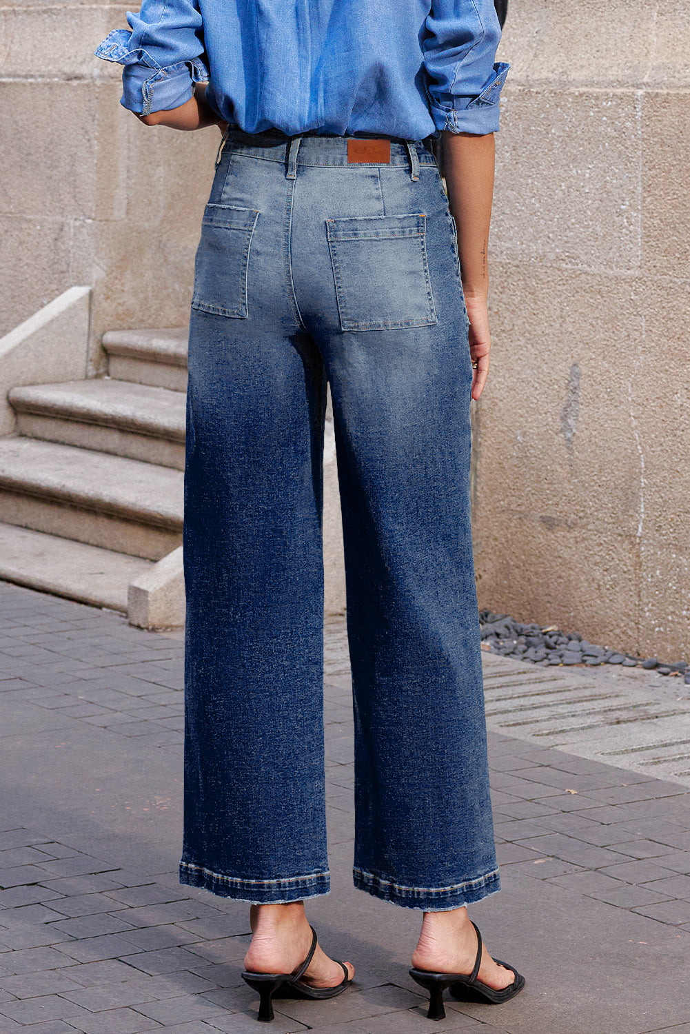 Denim High Waist Patch Pocket Straight Leg Jeans