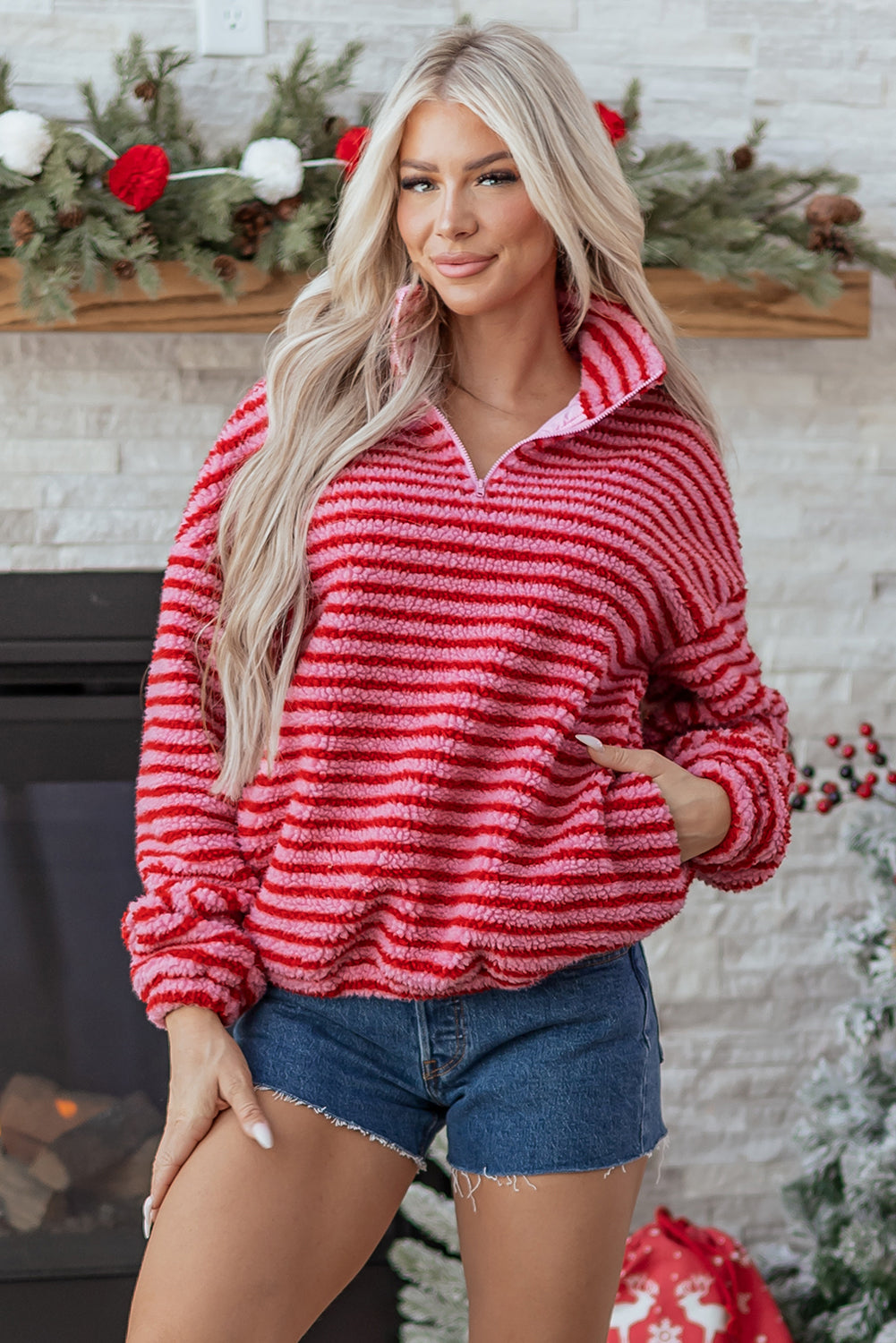 Stripe Fleece Quarter Zip Oversize Sweatshirt