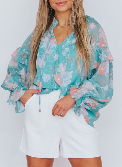 Floral Ruffle Balloon Sleeve Blouse