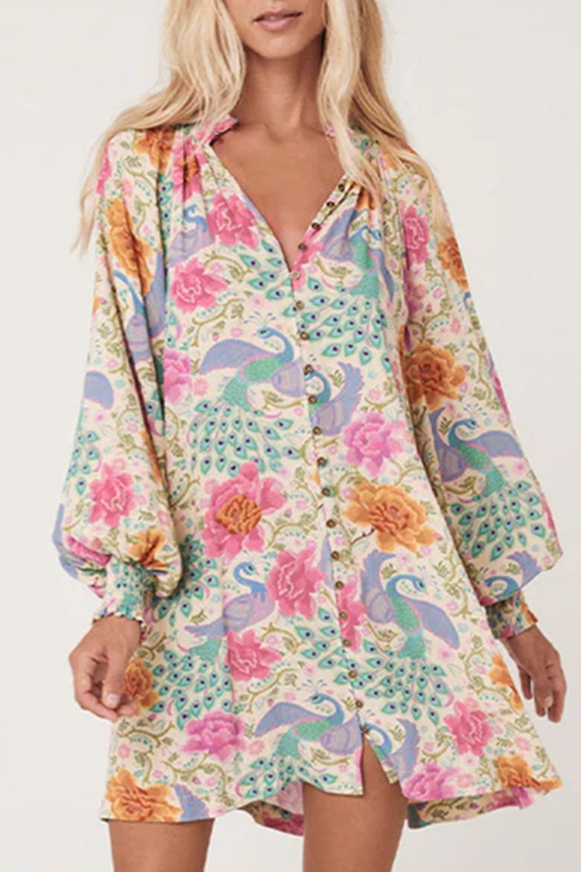 Floral Bubble Sleeve Mini Dress